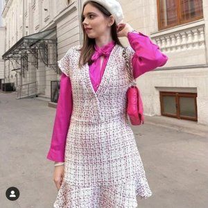 ZARA NWT Textured Weave Dress With Ruffle Multicolor XS